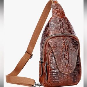 Genuine leather Brown Crocodile Pattern Sling Backpack Unisex